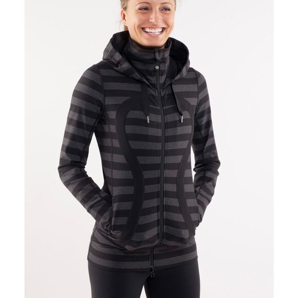 Lululemon Stride Jacket Black Gray Striped Hoodie Size 2 Full Zip Stretchy - Picture 1 of 8